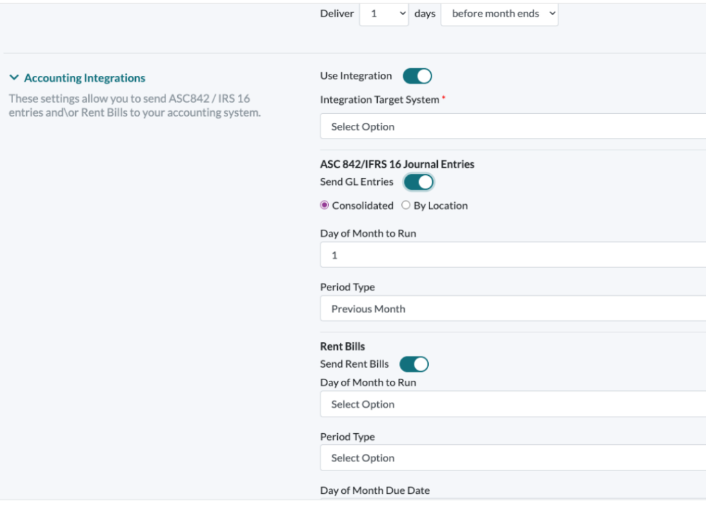 screenshot of lease accounting software user interface from leasecake for integrations with IRS 16 and ASC 842 standards