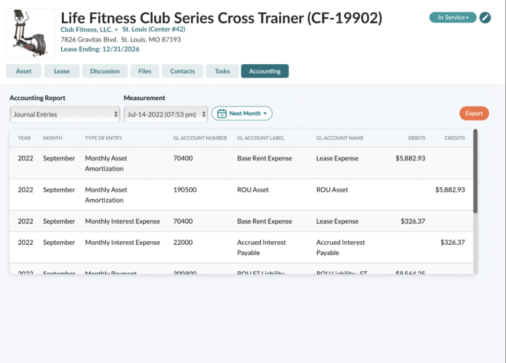 leasecake lease accounting software screenshot showcasing journal entries for franchisors and business owners