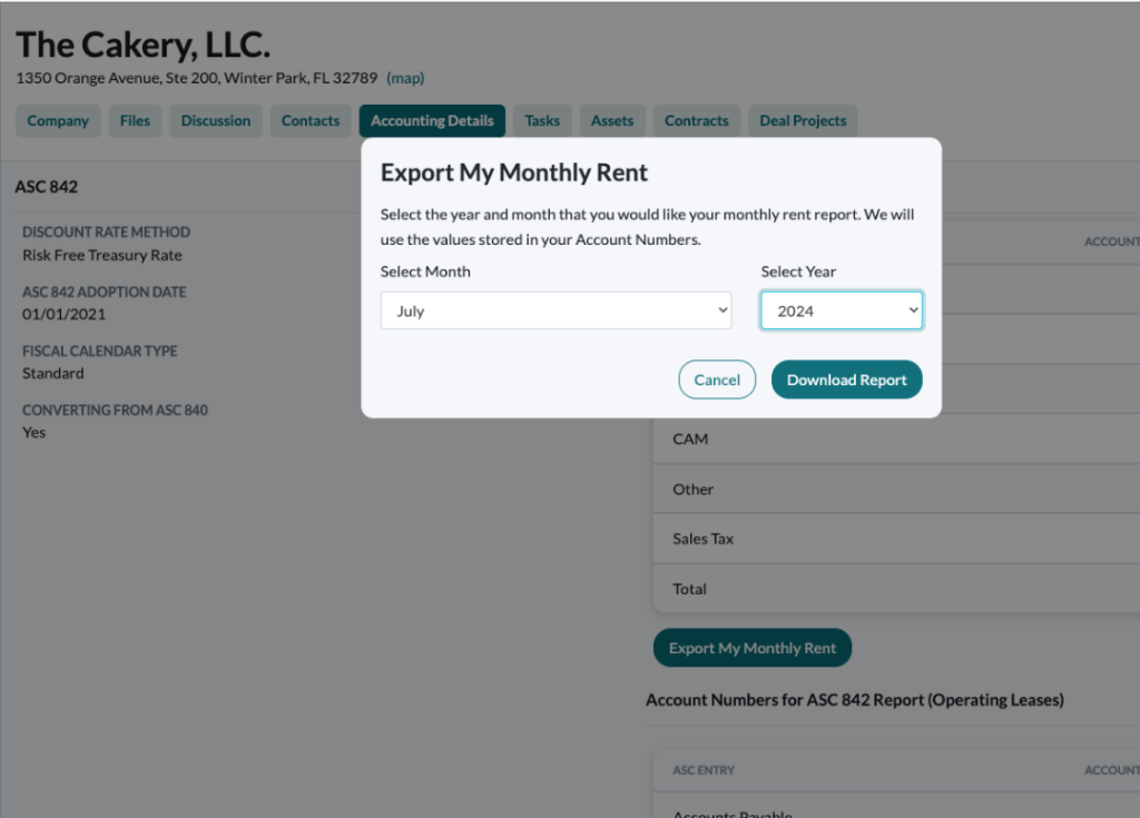 screenshot from leasecake.com of lease accounting reporting for automation